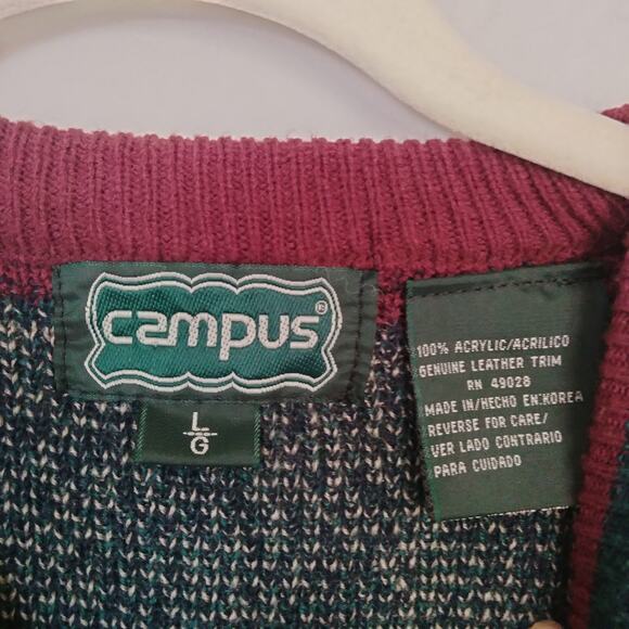 Vintage 90s Campus Mens Sz L Crew Neck Sweater Geometric Genuine Leather Patches - Picture 2 of 4